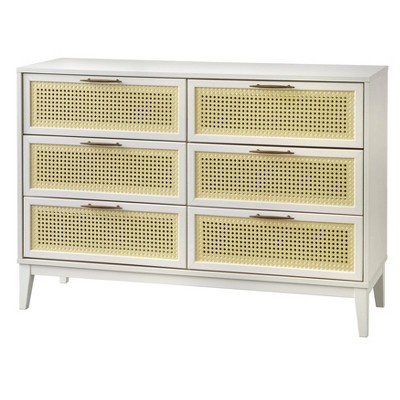 Mid-Century White and Natural Rubberwood 6-Drawer Dresser with Gold Hardware