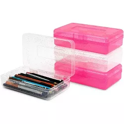 Bright Creations 4 Pack Plastic Glitter Pen & Pencil Case, Holder & Box, School Supplies, Pink, White 7.8 x 4.5 in