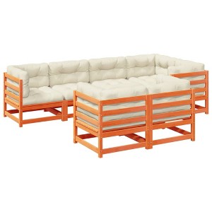 vidaXL 7-Piece Patio Sofa Set with Cushions - Outdoor Modular Pine Wood in Wax Brown - Garden Lounge Furniture with Cream Seating - 1 of 4