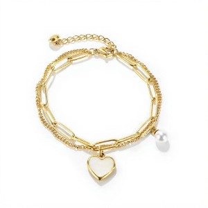 Anna-Kaci Double Layer Chain Bracelet with Heart Charm Pendant and Smooth Bead Drop Detail for a Delicate Feminine Layered Look - Gold - 1 of 4