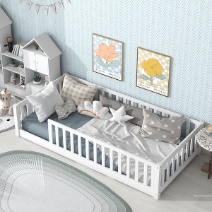 Whisen Twin Bed & Rubber Wood Floor Bed with Fence without Door, Multi - Functional Floor Bed for Kids' Sleep & Play - 1 of 4
