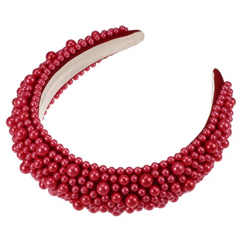 Unique Bargains Women's Sponge Wide Brim Pearls Padded Headband Red ...