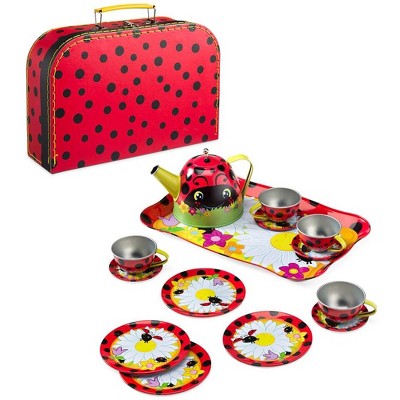 15-Piece Ladybug-Themed Tin Tea Set for Kids with Carrying Case, For Pretend Play