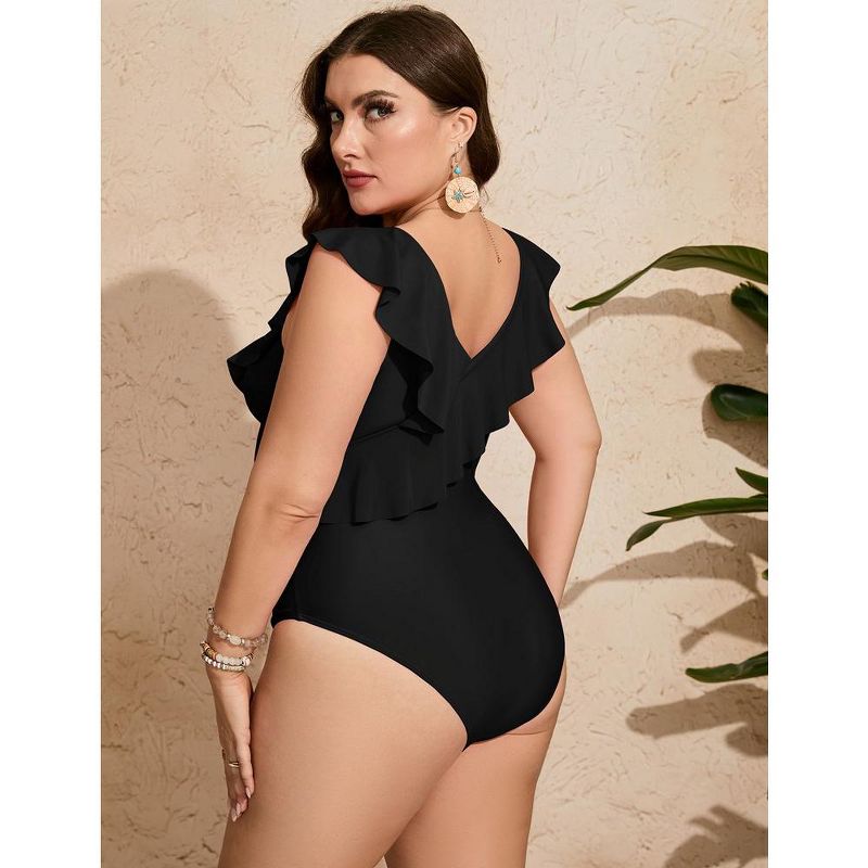 Womens Plus Size Swimsuits Ruffled One Piece Flounce Sleeve Swimwear V Neck Bathing Suit for Plus Size Women, 3 of 8