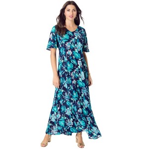 Roaman's Women's Plus Size Petite Flutter Sleeve Crinkle Dress - 1 of 4