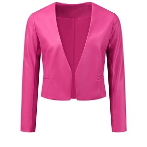 INSPIRE CHIC Women's Collarless Open Front Faux Pocket Faux Leather Crop Moto Jackets - 1 of 4