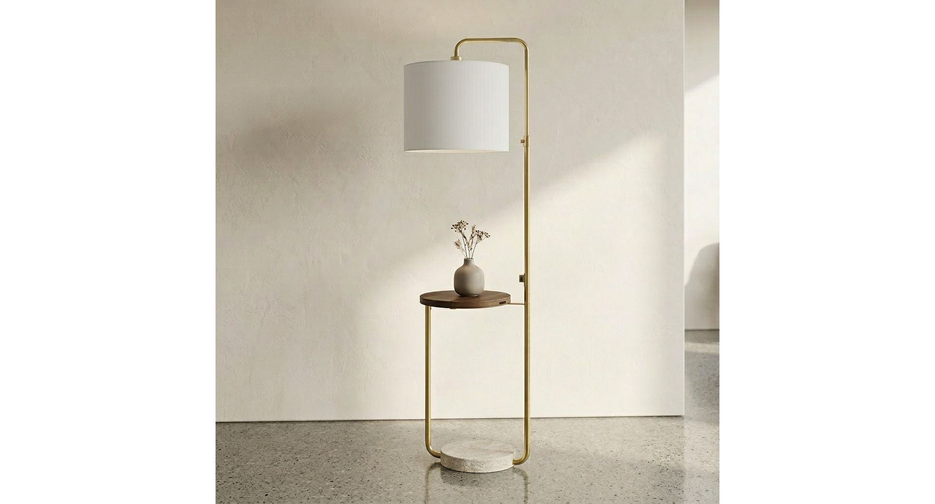 LOVSON 67" Contemporary Brass Floor Lamp with USB Port & Storage Shelf, Beige Fabric Shade