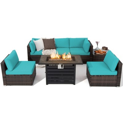 Tangkula 7PCS Patio Rattan Furniture Set 42" Fire Pit Table w/ Cover Cushioned