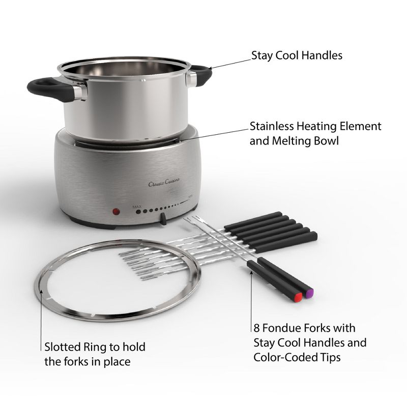 Stainless Steel Fondue Pot Set- Melting Pot Cooker and Warmer for Cheese, Chocolate and More- Kit Includes 8 Forks By Hastings Home -Dishwasher Safe, 3 of 9