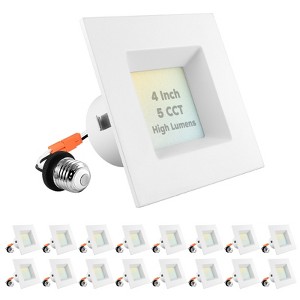 Luxrite 4 Inch Square Recessed LED Can Lights, 14W=75W, 5CCT 2700K-5000K, 950LM, Dimmable, Wet Rated, IC Rated, Energy Star, ETL 16 Pack - 1 of 4