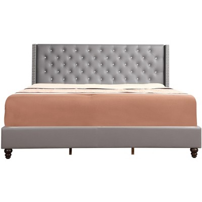 Julie Light Grey Velvet Tufted Upholstered King Bed with Nailhead Trim