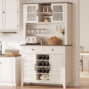 Coffee Bar Cabinet, 72" Tall Kitchen Pantry Cabinet with 4 Doors and Drawers, Kitchen Hutch Cabinets with Wine Rack for Dining Room, Antique White - 1 of 4