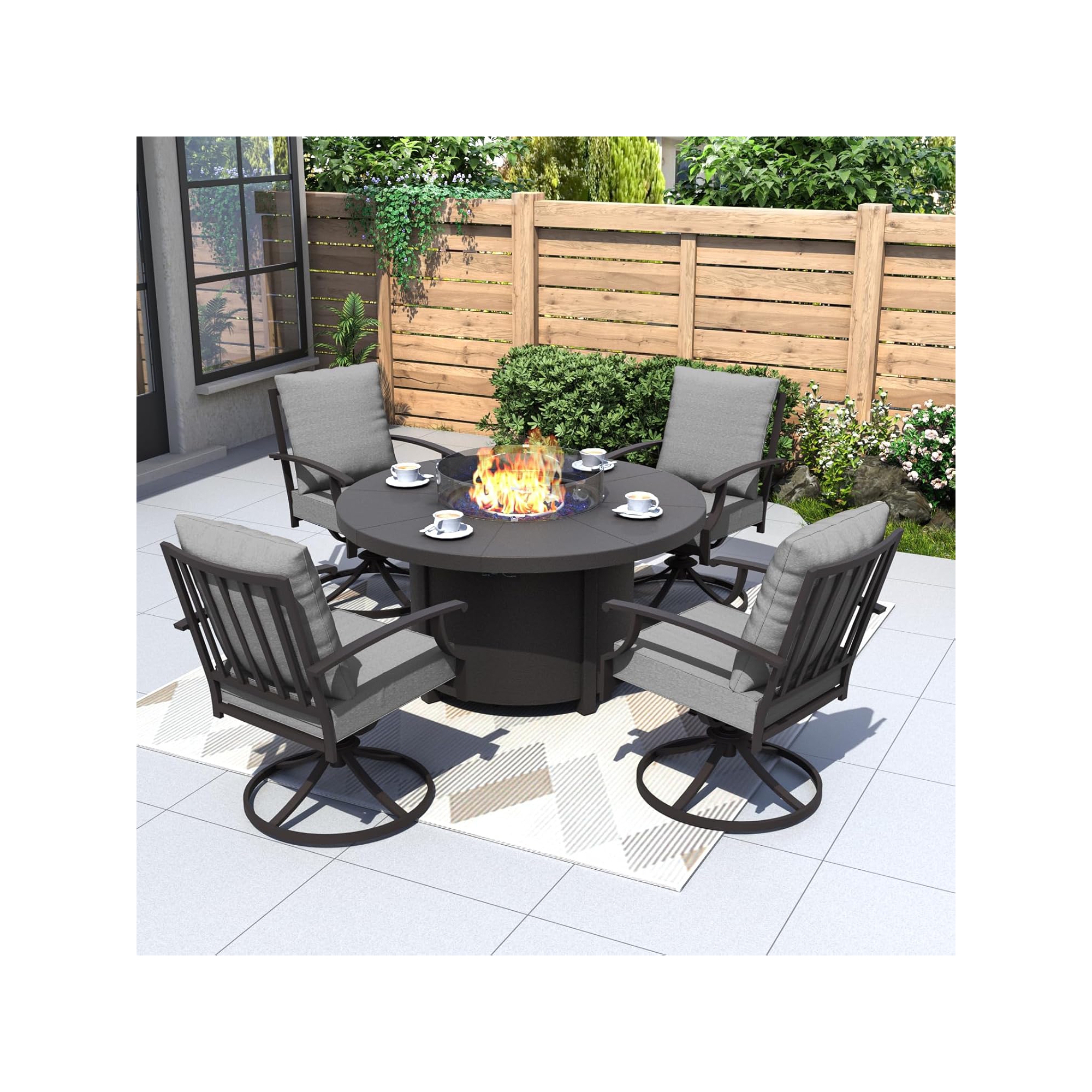 ALAULM 5 Piece Metal Outdoor Patio Furniture Set w/Round Fire Pit Table, Patio Conversation Sets 4 Swivel Chairs w/Thick Cushion&Fire Pit Table,Gray