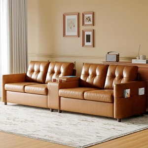 Faux Leather 4-Seater Sectional Sofa with Wireless/USB Charging, Cup Holders, Storage Console, Cloud Deep Seat Couch for Living Room, Reception Room - 1 of 4