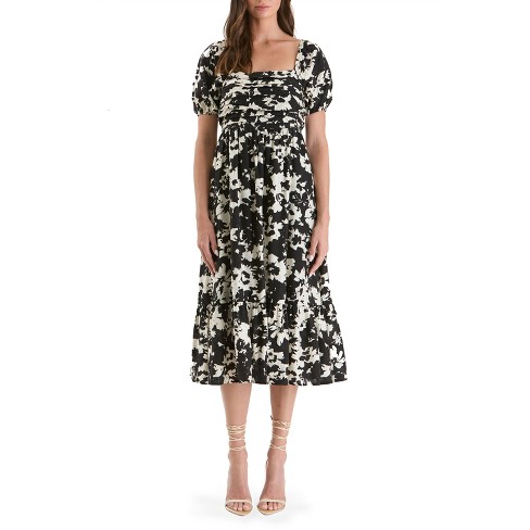 August Sky Women's Floral Bubble Sleeves Pleated Front Midi Dress - image 1 of 4