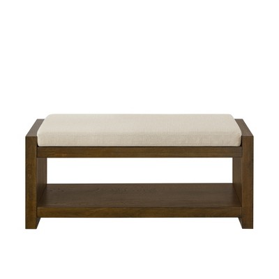 Vynxaria 40" Accent Storage Bench with Lower Shelf Shoe Rack, Padded Seating Bench for Living Room, Bed End Bench with for Bedroom Seating,  Ivory