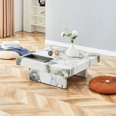 Modern Marble Grain Texture Square Coffee Table,MDF Side Table, Cozy Minimalist Coffee Table Designs For Small Spaces And Living Room-Cuddlewood