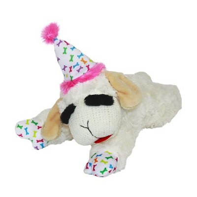 Multipet Lamb Chop Plush Dog Toy with Birthday Hat - Squeaky Toy for All Dogs (10.5¡±, Pink Hat, 5 Squeakers)