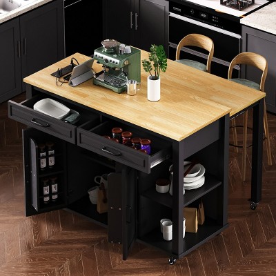 Rolling Kitchen Island With Extendable Table And Power Outlet,Kitchen Island Cart With Internal Storage Rack,2 Drawers And 2 Cabinet -Maison Boucle