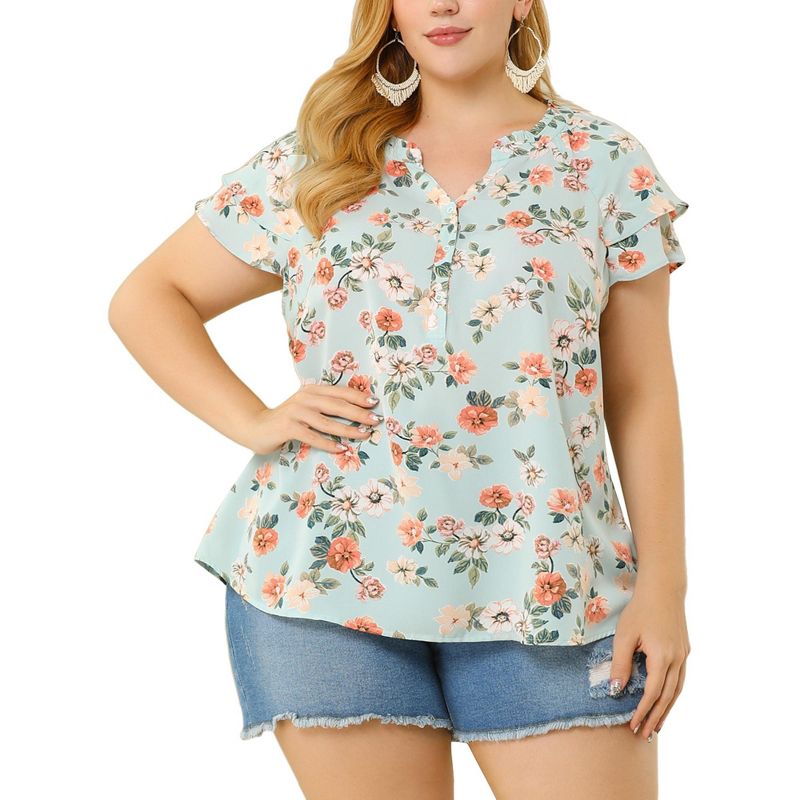 Agnes Orinda Women's Plus Size Floral Ruffle Trim V Neck Button Layered Sleeve Blouses, 3 of 8