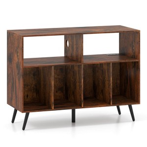 Costway Record Player Stand with Charging Station Open Shelves & Compartments Raised Legs Brown/White - 1 of 4