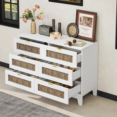 KIGFTSOD Rustic Farmhouse Style Wooden Dresser with 6 Drawers, Storage Cabinet for Bedroom with Metal Handles