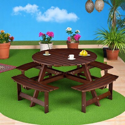 Mshliw Outdoor Picnic Table with 4 Benches, Waterproof Surface, Umbrella Hole, Rustic Wood Design, Spacious Seating for Up to 8
