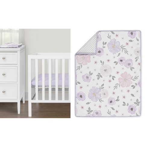 Sweet Jojo Designs Girl Baby Mini Crib Bedding Set - Watercolor Floral Purple Pink and Grey 3pc - image 1 of 4