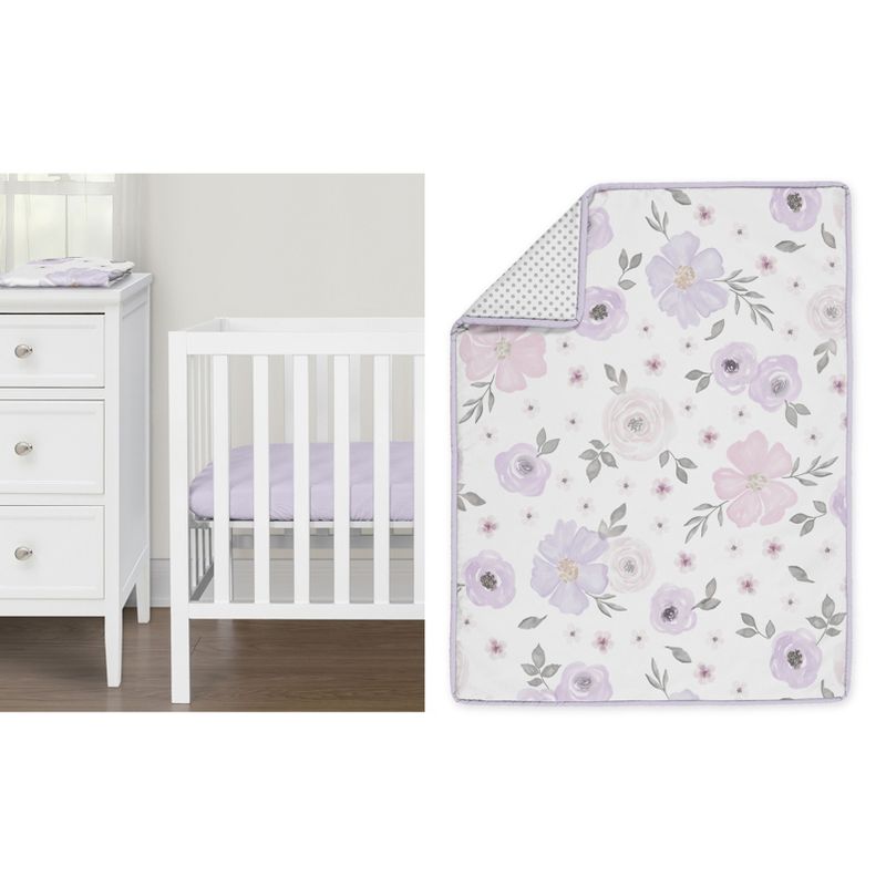 Sweet Jojo Designs Girl Baby Mini Crib Bedding Set - Watercolor Floral Purple Pink and Grey 3pc, 1 of 7