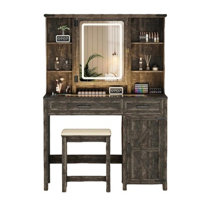 GlasFlength Vanity Tables Farmhouse Vanity with Mirror Hidden Jewelry Cabinet Elegant Design for Living Room, Brown, 39"*15.75"*56"