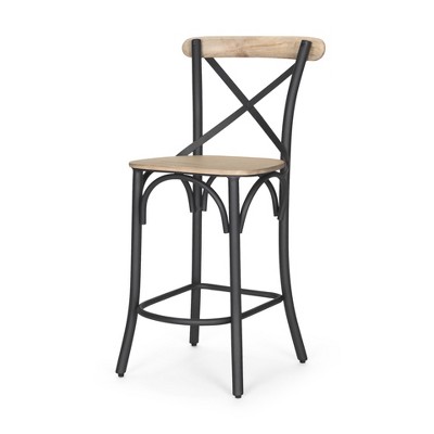 HomeRoots 26" Natural and Gray Solid Wood and Iron Counter Height Bar Chair
