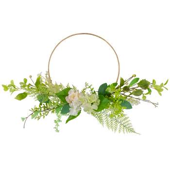 Northlight Hydrangea and Fern Golden Ring Wreath Spring Decor, Green and Gold 25"