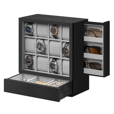 Ebony Black Solid Wood 12-Slot Men's Watch Display Case