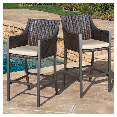 Riga Black Wicker Barstool with Tan Cushions, Set of 2