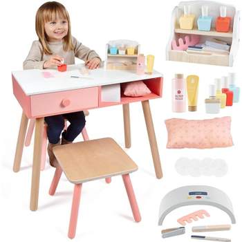 Pretend Nail Salon Wooden Play Set - Run Your Own Salon - Full Playset Includes Nail Polishes, Beauty Caddy, File, Dryer, Chair & Stool - Mess-Free