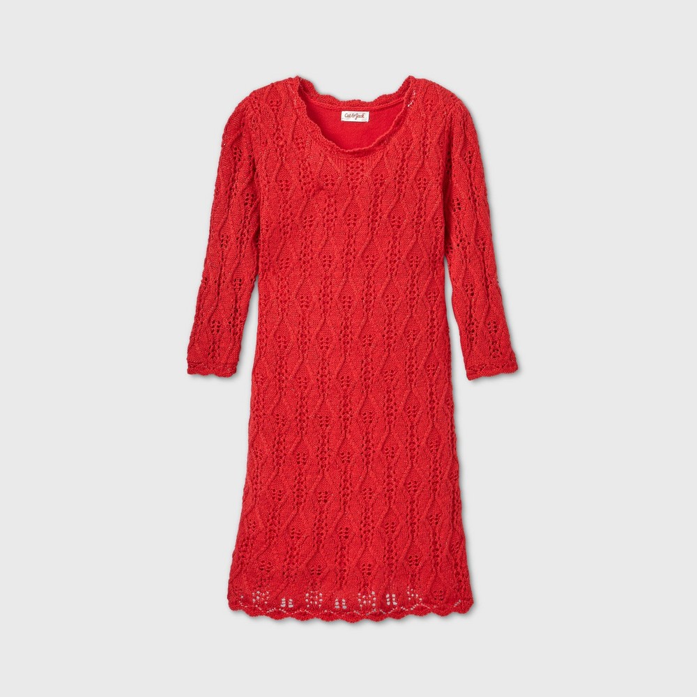 Girls' 3/4 Sleeve Shine Crochet Sweater Dress - Cat & Jack Red M