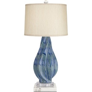 Possini Euro Design Teresa Modern Table Lamp with Square White Marble Riser 31" Tall Teal Ceramic Beige Drum Shade for Bedroom Living Room Nightstand - 1 of 4