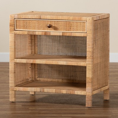 Bella Natural Brown Mahogany Wood and Rattan 1-Drawer Console Table