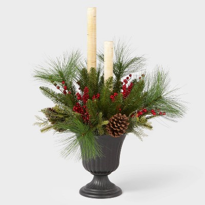 34in Frosted Porch Décor with Berries, Pinecones, and Birch Branch in Plastic Urn - Wondershop™