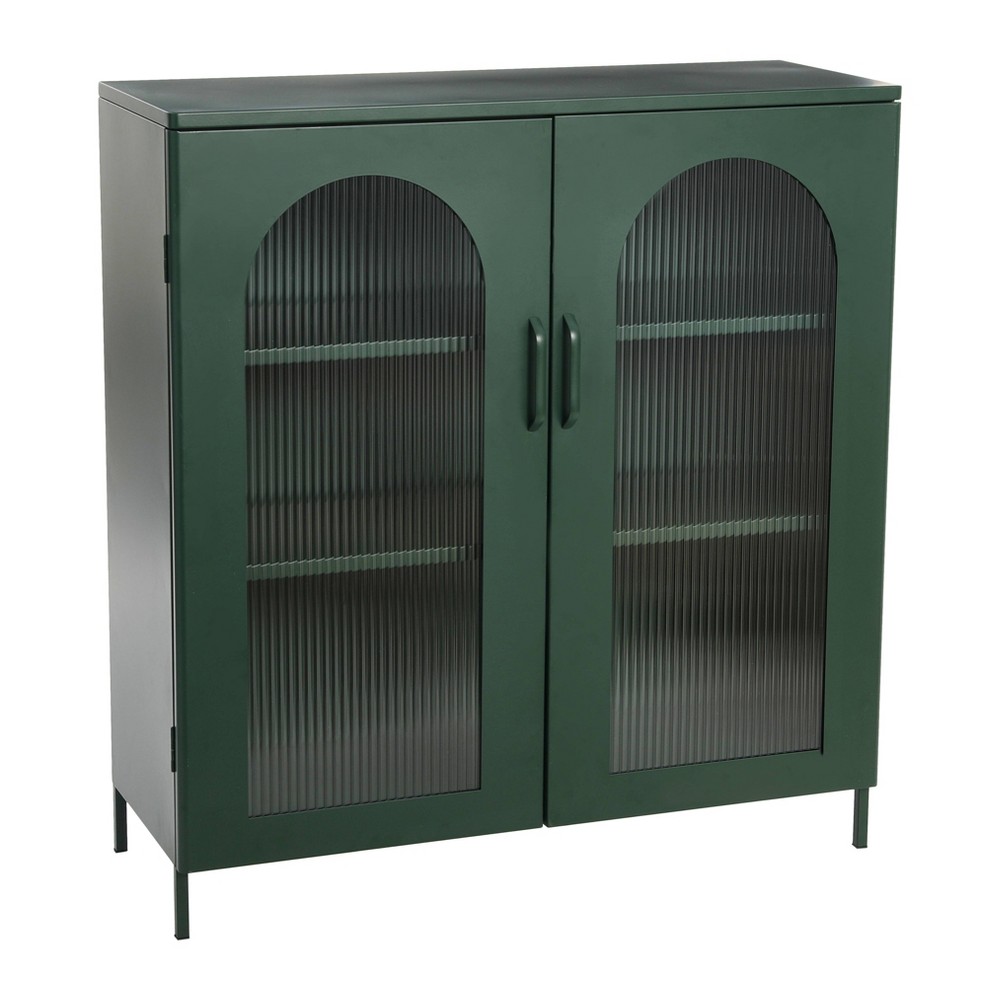 Photos - Wardrobe Storied Home Wide Metal Accent Cabinet with 2 Adjustable Storage Shelves and Arched Glass Door Dark Green: Elegant Design, 3