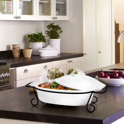White Ceramic Oval Bakeware with Lid and Black Metal Rack