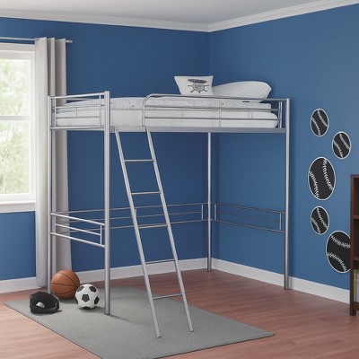 Royal Hampton Twin Loft Bed, Silver Metal Frame with Attached Angled Ladder