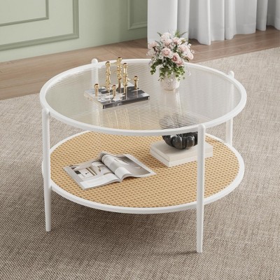 Garvee 30" Rattan Coffee Table, 2-Tier Round End Table with Storage, Round Water-Wave Glass Metal Center Tables, Modern Circular Coffee Tables