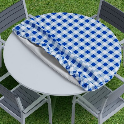 Green Checkered Vinyl Round Fitted Tablecloth with Elastic
