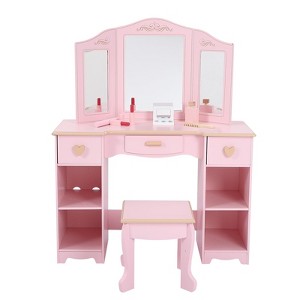 Kids Dressing Table and Stool Set, Pretend Play Vanity Desk with Tri-Folding Mirror, Drawers, Shelves & Accessories, Princess Makeup Table - 1 of 4