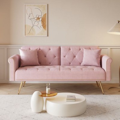 NicBex Modern Velvet Nailhead Loveseat Sofa with Pillows & Adjustable Backrest,Solid Wood 2-Seater Sofa for Living Room,Bedroom