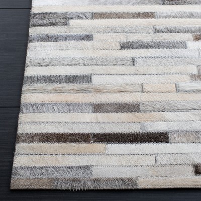 Ivory and Grey Hand-Knotted Cowhide Geometric Area Rug