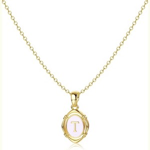14K Gold Plated Oval Initial Necklace White Enamel Personalized Jewelry - 1 of 4