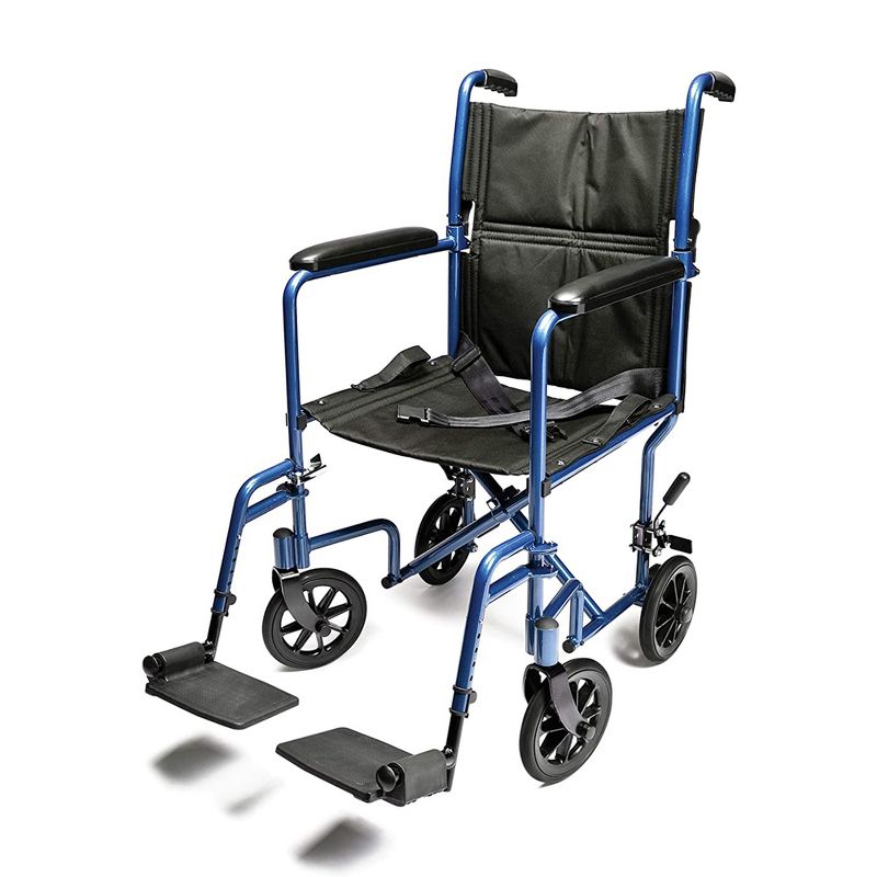 Graham Field EJ787-1 Everest & Jennings Lightweight, Compact Folding Transport Wheelchair with Aluminum Frame and 17 Inch Padded Seat, Blue, 1 of 6