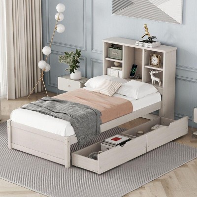 Streamdale Modern Twin Bed with USB Headboard Bookcase & Drawers (White Washed)